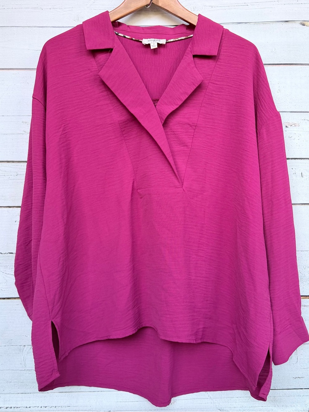 Umgee Collared V-Neck Popover Blouse with High-Low Hem - Size Medium
